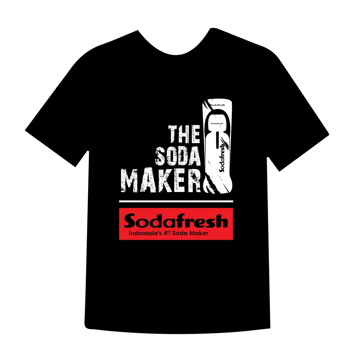 Back print artwork on a black t-shirt: The Soda Maker set in distressed capitals beside a bottle silhouette, closed by the Sodafresh wordmark reversed out of a red block.