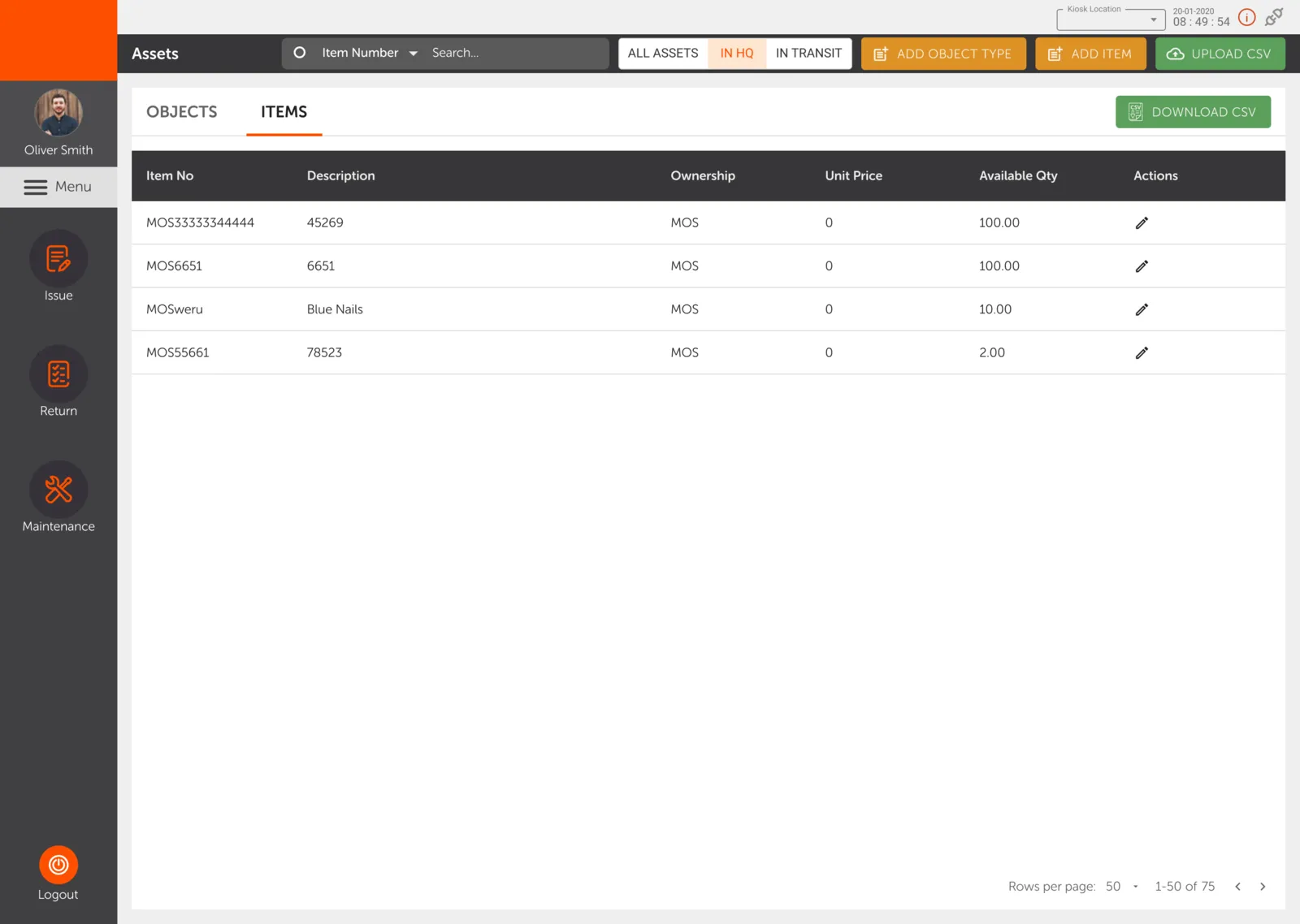 Asset register in a web console: item numbers, ownership, unit price and available quantity, with location and transit filters, beside a dark icon rail whose top panel is blank where the client's mark has been painted out.