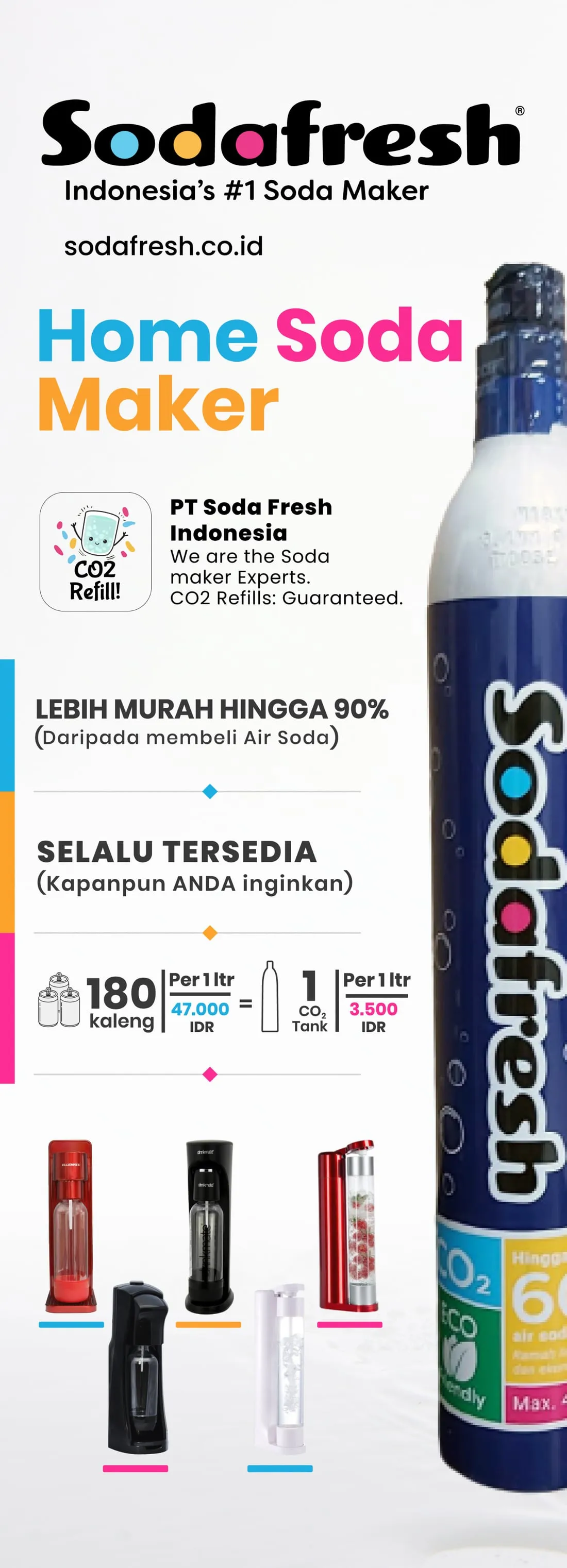 Tall Sodafresh roll-up banner, the wordmark over a Home Soda Maker headline with a CO2 cylinder running its full height.