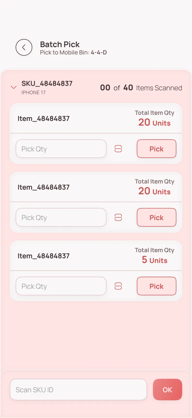 Batch Pick item list on a handheld, a SKU header reading 00 of 40 items scanned and a Scan SKU ID field pinned at the foot.