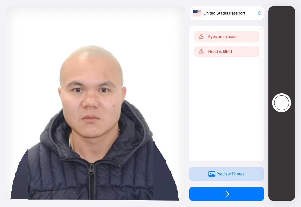 Photo capture screen with a head-and-shoulders portrait held in the crop frame, a United States Passport selector above it, and red warnings reading "Eyes are closed" and "Head is tilted".