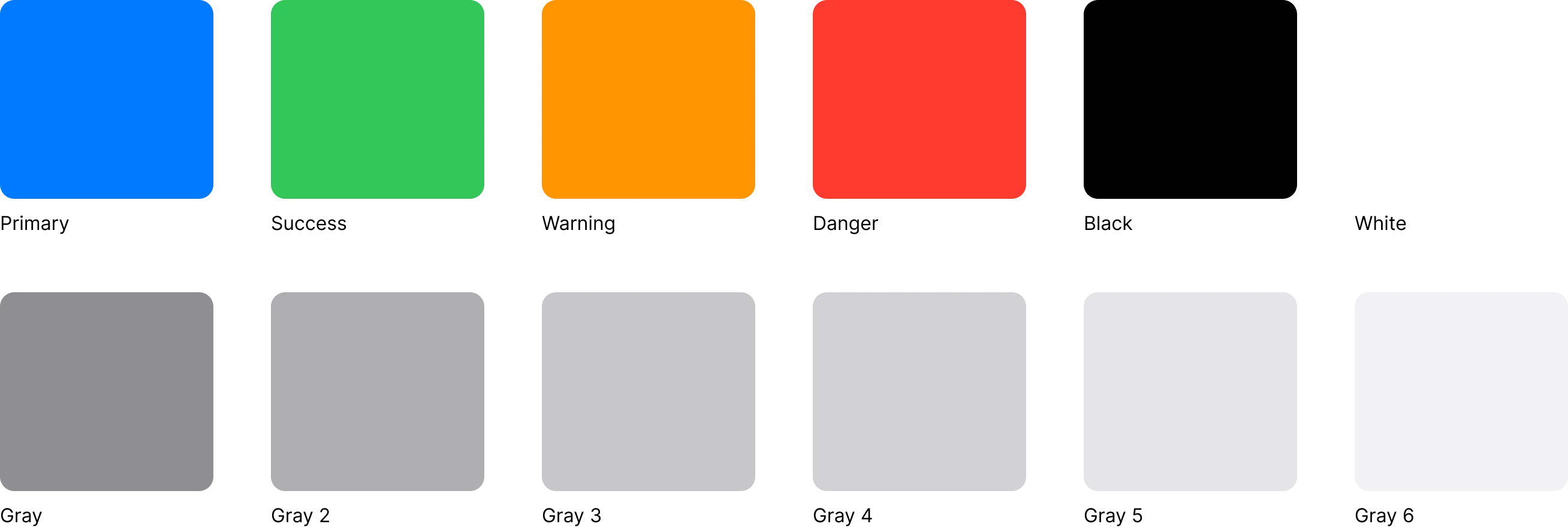 Twelve colour swatches in two rows: blue Primary, green Success, orange Warning, red Danger, black and white, then a six-step grey ramp.