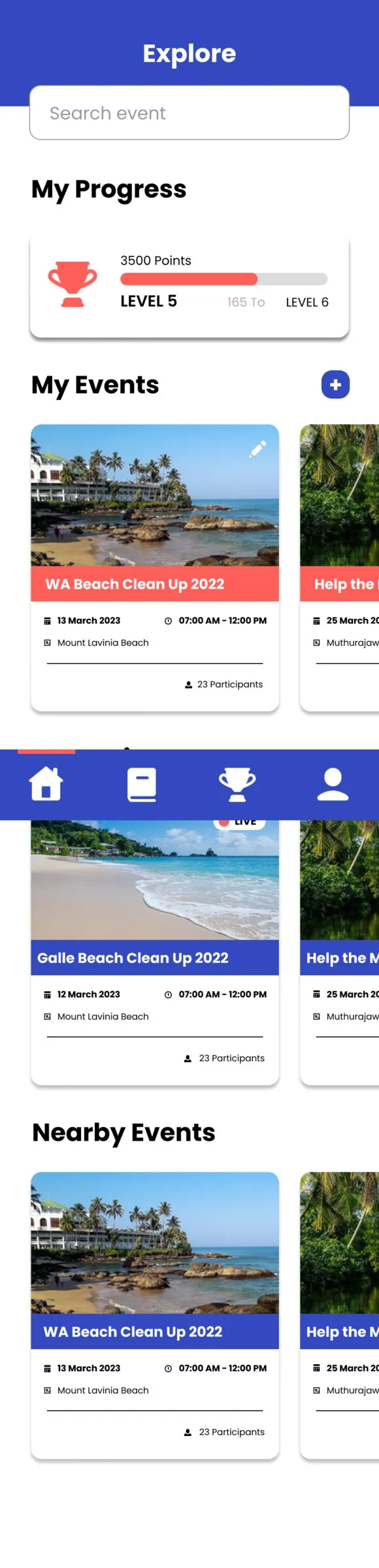 The Explore screen showing a My Progress card reading 3500 points at Level 5, a My Events row of event cards with beach photographs, and a Nearby Events row below.