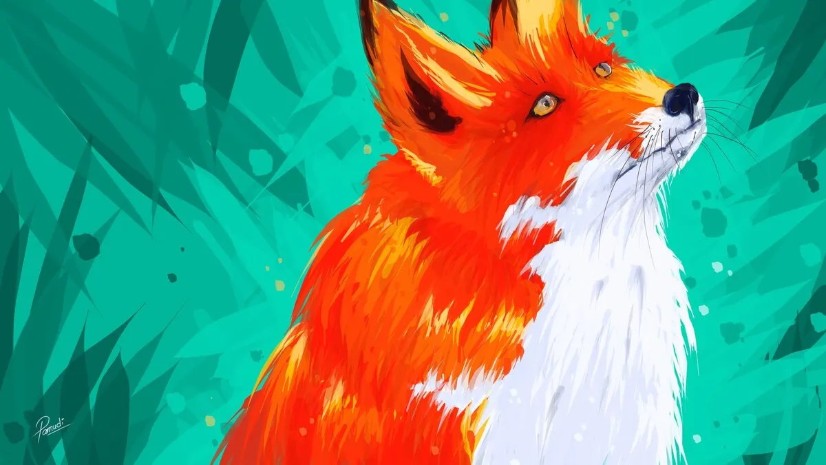 Digital painting of a red fox lying in long grass, the fur worked in fine strokes.