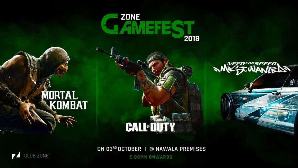 Zone Gamefest 2018 banner: three game key visuals across a dark green smoke field, with the date, venue and start time set beneath.