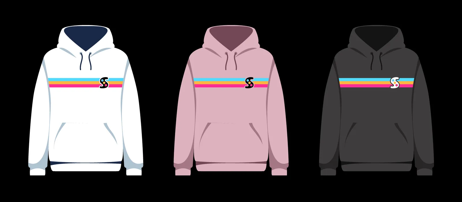 Three hoodie mockups in white, pink and charcoal, each with a four-colour stripe band and the Sodafresh monogram.