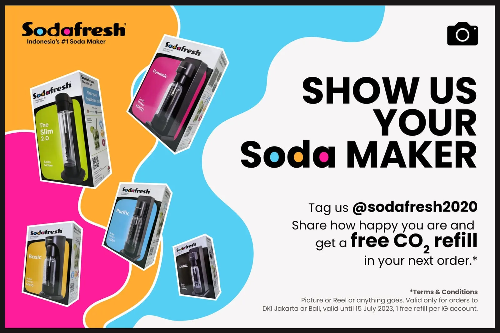 Landscape campaign creative reading Show Us Your Soda Maker, boxed products scattered over curved bands of orange, pink and blue.