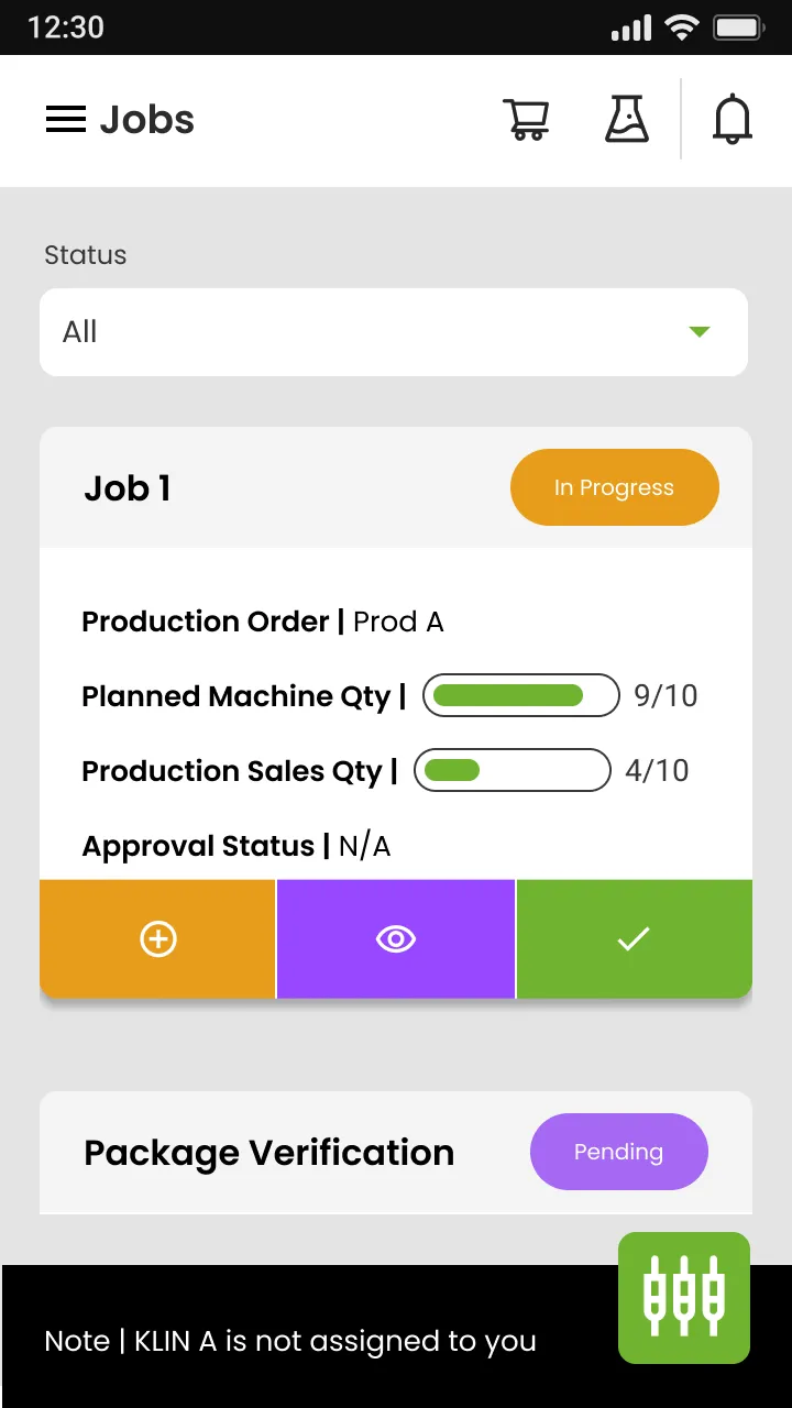 Job list on a handheld: production order cards, each with a planned-against-produced quantity bar, a sales quantity and an approval status chip.