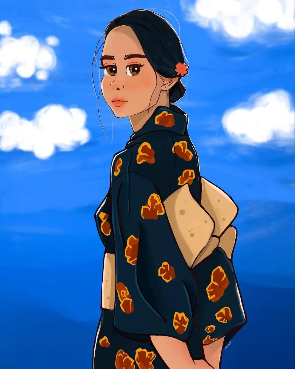 Digital illustration of a woman in a dark floral kimono looking back over her shoulder against a blue sky with painted clouds.