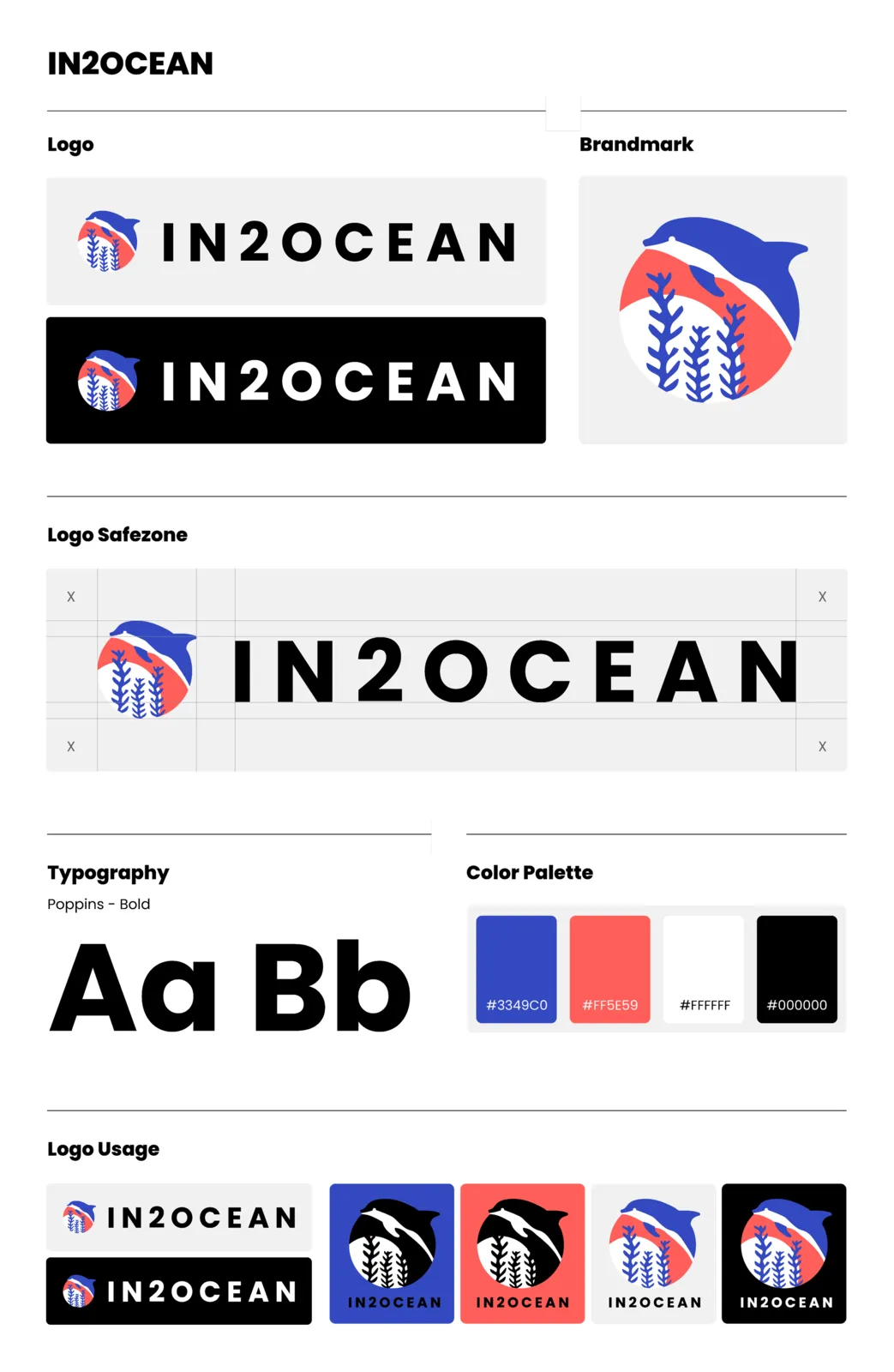 The IN2Ocean logo guide: the wordmark in blue, in coral, reversed out of blue and reversed out of coral, with a dolphin mark, a type specimen reading Aa Bb, and a row of colour swatches.