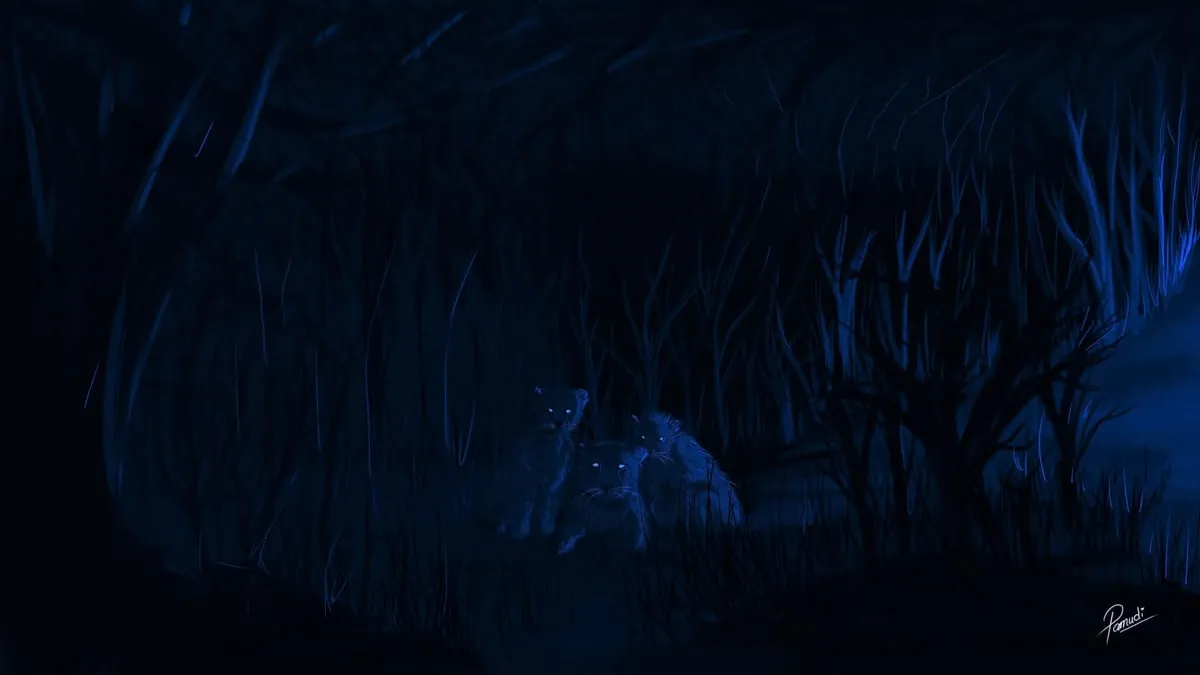 Digital painting in near-darkness: three lion cubs huddled together in blue moonlit undergrowth, bare trees behind.