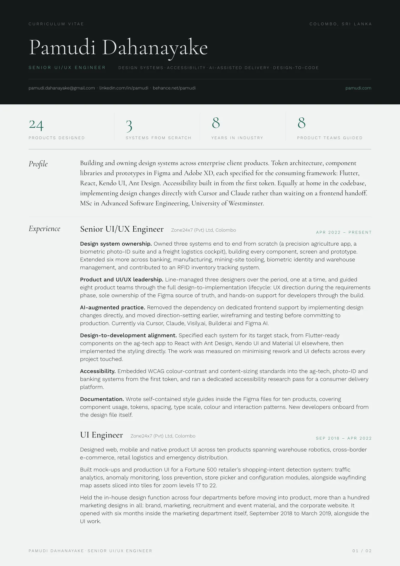 Page 1 of the curriculum vitae: profile and experience.