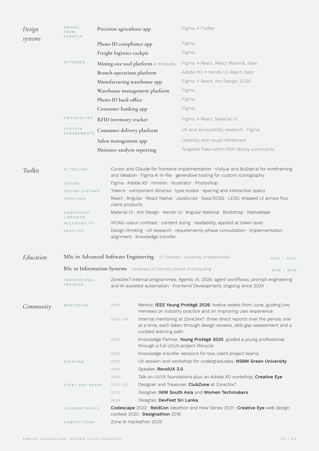 Page 2 of the curriculum vitae: design systems, toolkit, education and community.