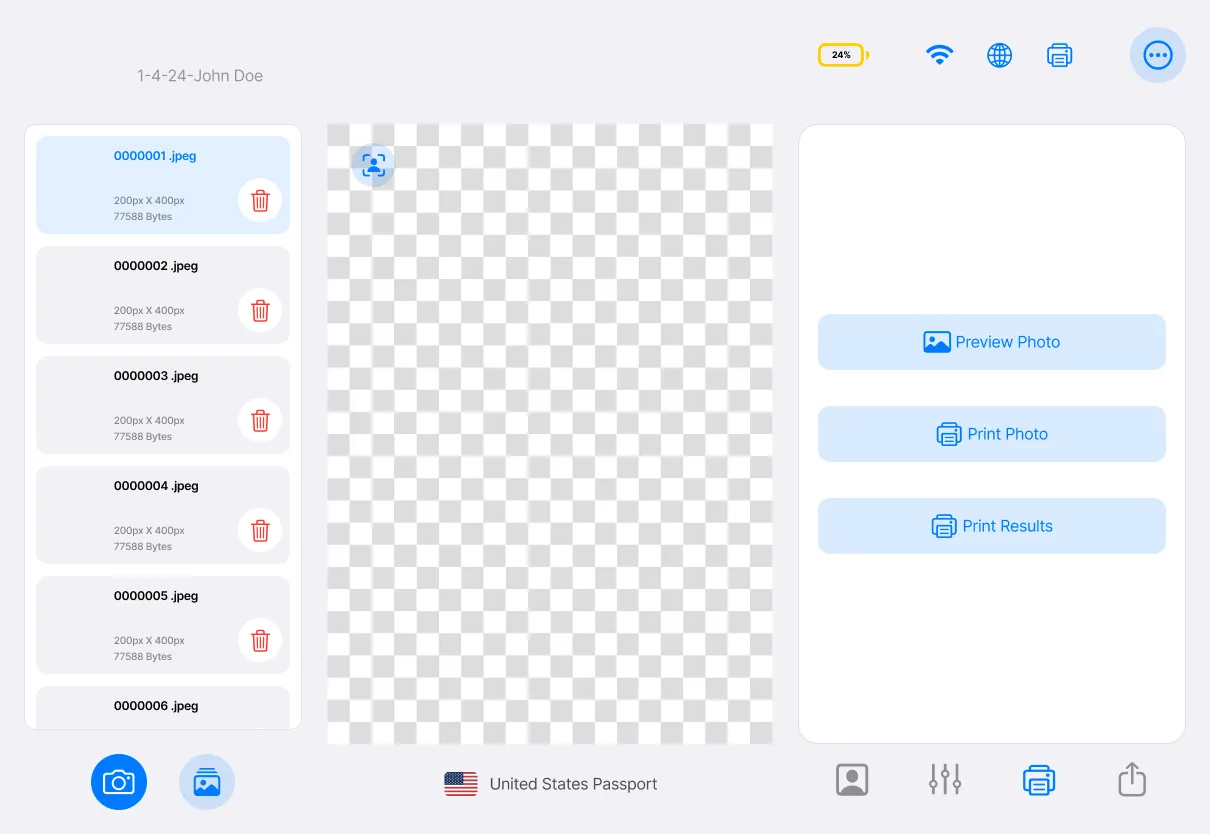 Print screen in three columns: the captured files on the left, a preview canvas in the middle, and Preview Photo, Print Photo and Print Results actions on the right.
