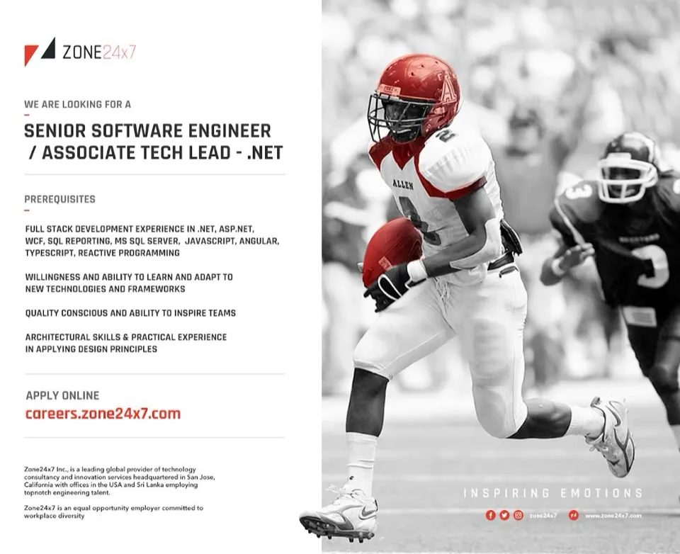 Recruitment advert for a senior .NET engineering role: the prerequisites set in condensed capitals down the left, a desaturated American football photograph filling the right half.
