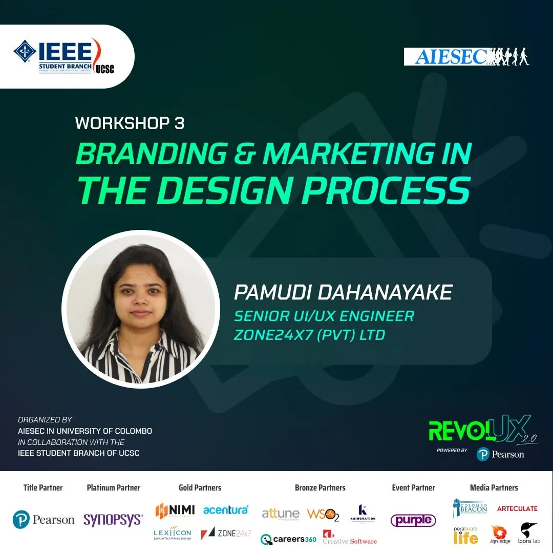 RevolUX 2.0 speaker card announcing her workshop on branding and marketing in the design process.