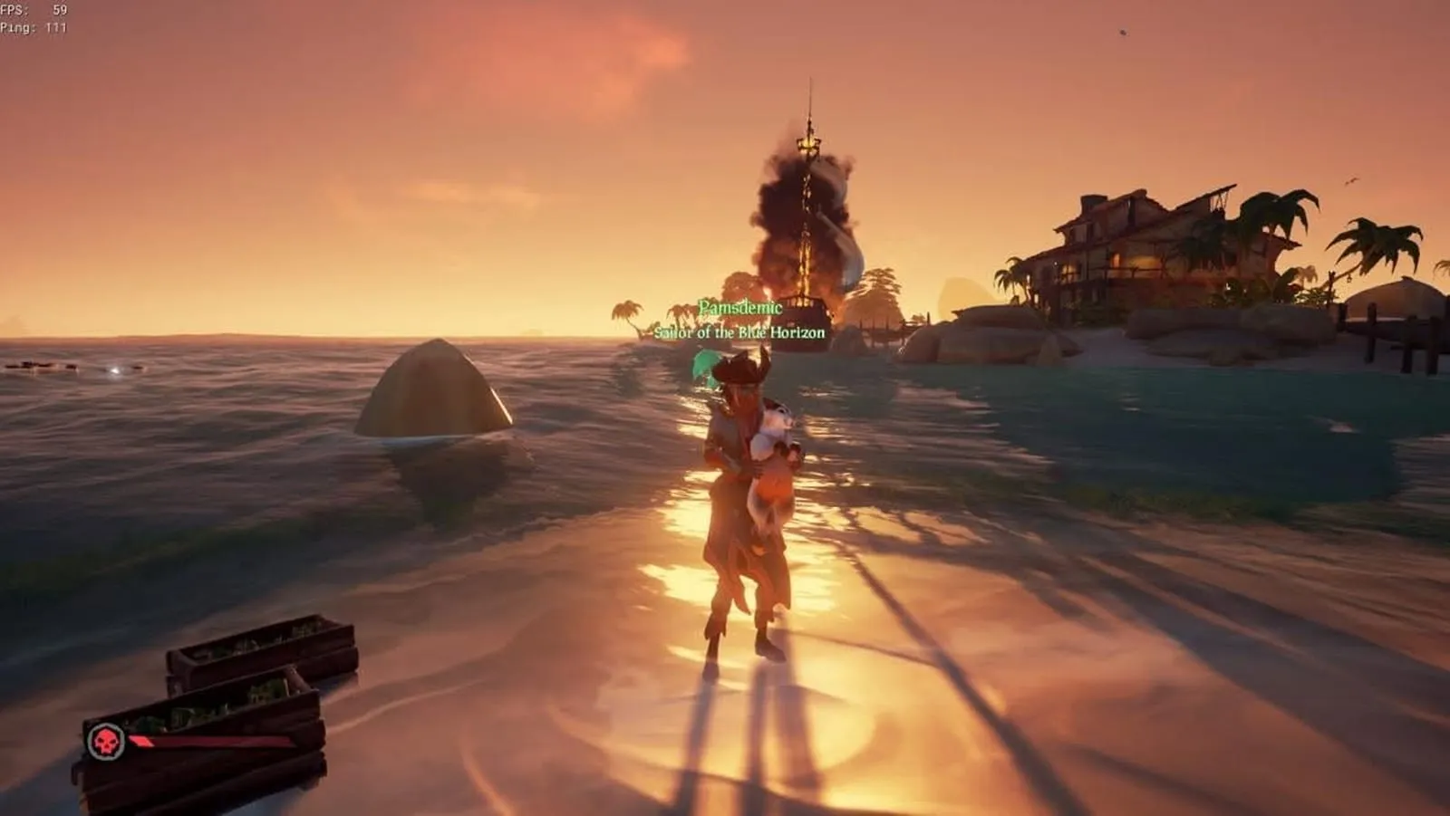 Sea of Thieves screenshot at sunset: a pirate carrying a cat walks up a beach, a burning ship and an island tavern behind, gamertag Pamsdemic overhead.