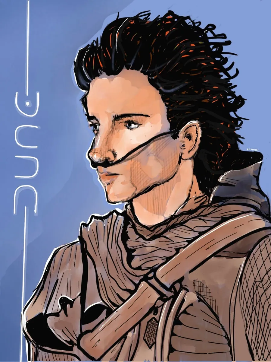 Digital ink-and-wash portrait of a figure in a desert stillsuit with a nose tube, seen in profile against blue, after a film character.