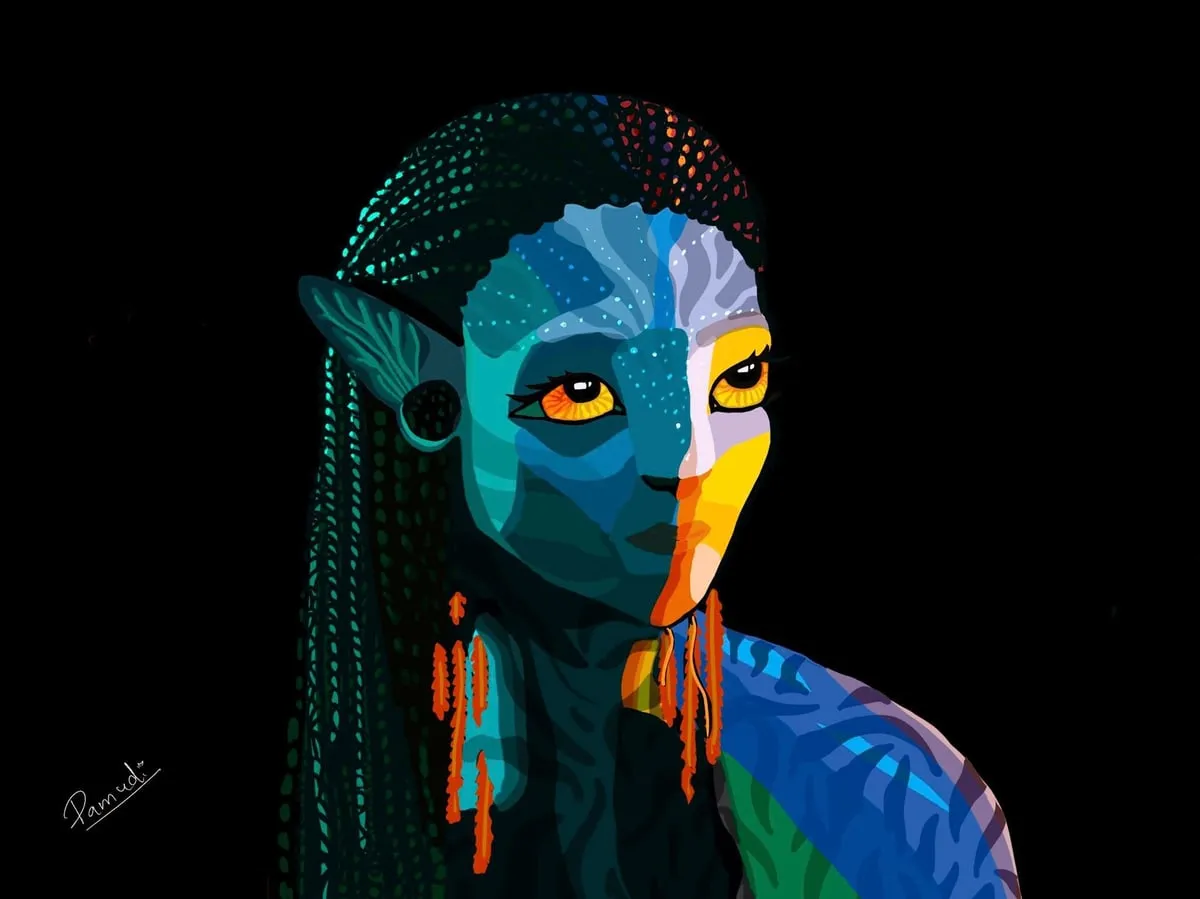 Digital portrait of a blue-skinned figure with yellow eyes, braided hair and beaded jewellery on a black ground, after a film character.