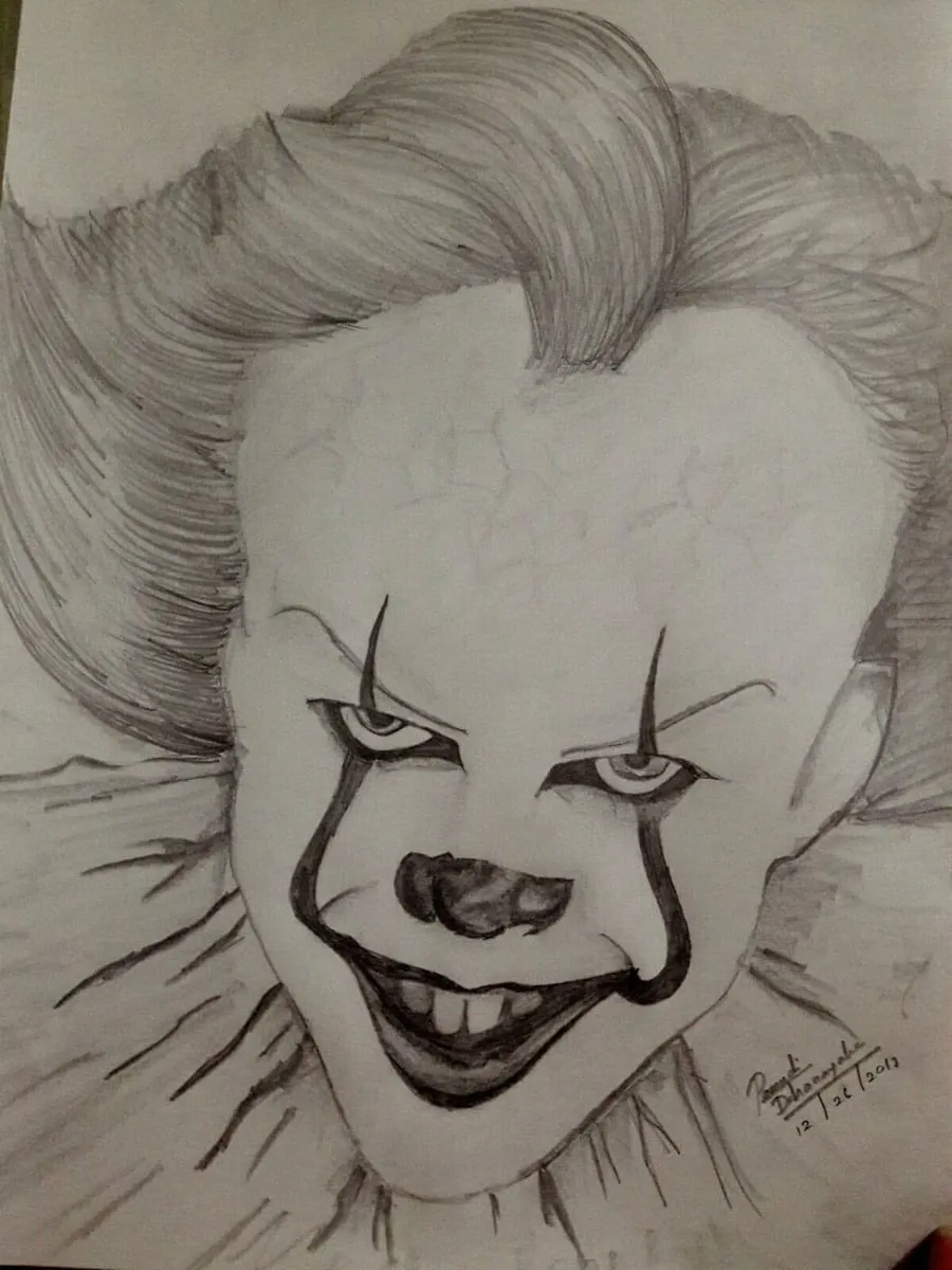 Graphite drawing of a grinning clown face with a high forehead and swept-back hair, after a film character.