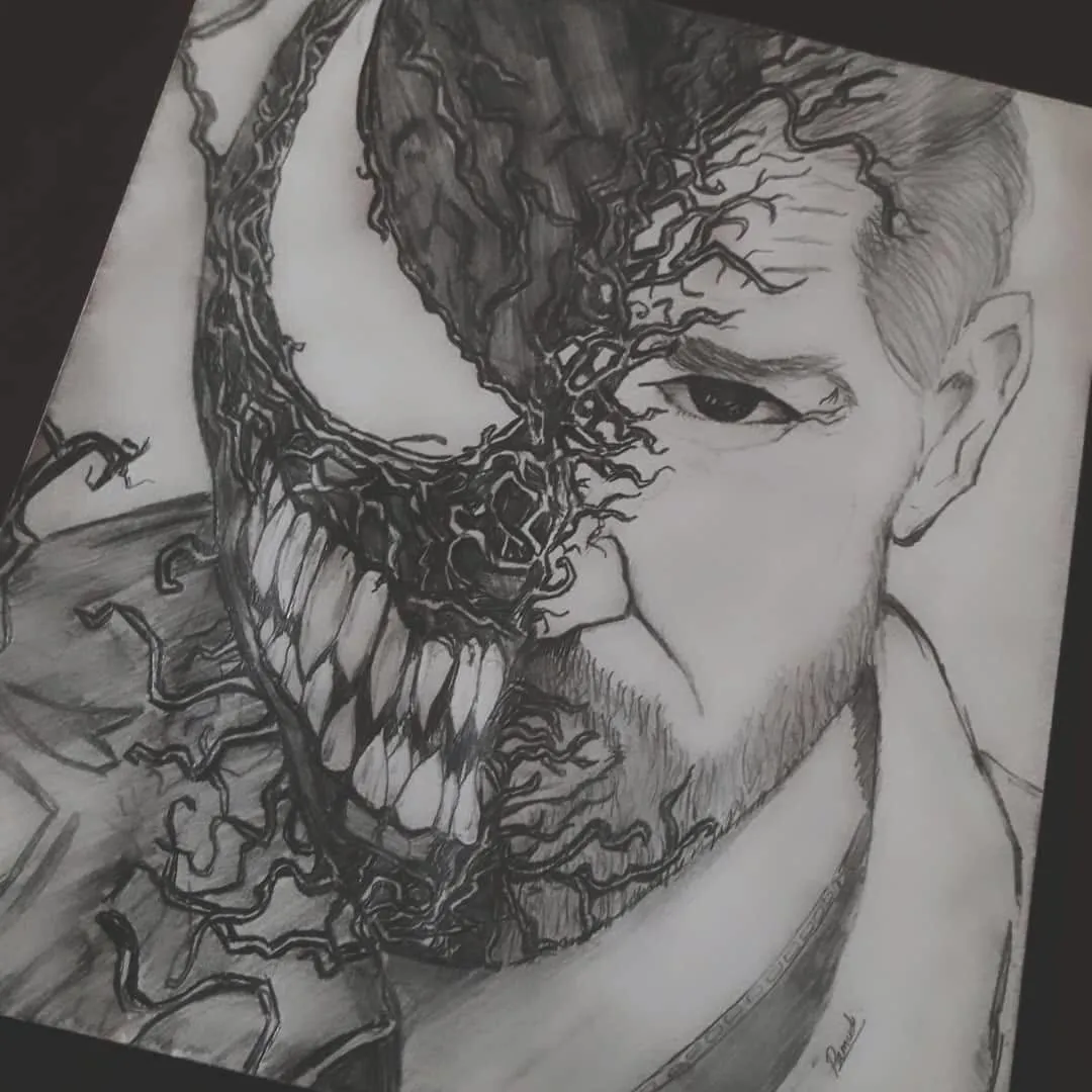 Graphite drawing of a face half transformed into a fanged creature of black tendrils, after a comics character.