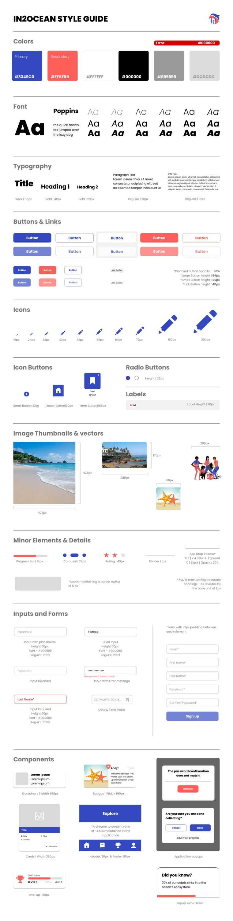 The IN2Ocean light-theme style guide board: colour palette, type scale specimens, buttons in several states, form fields, cards, list rows, navigation bars and illustration examples laid out down one tall sheet.