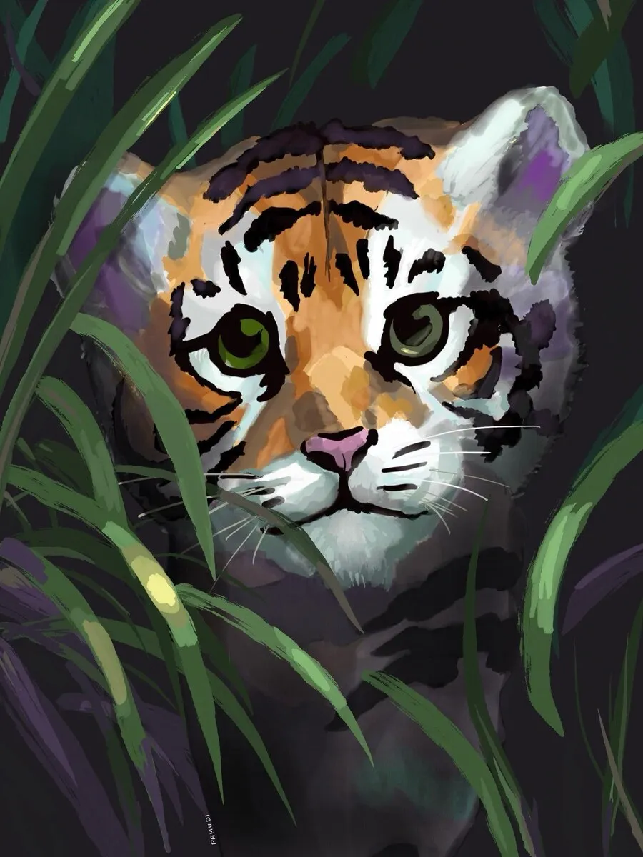 Digital painting of a tiger cub, the face picked out against a dark ground.
