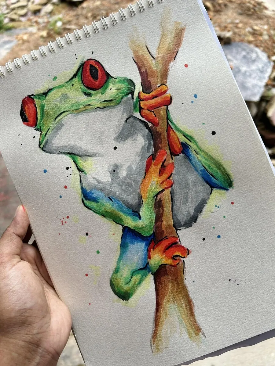 Watercolour study of a tree frog gripping a stem, its skin worked wet-in-wet.