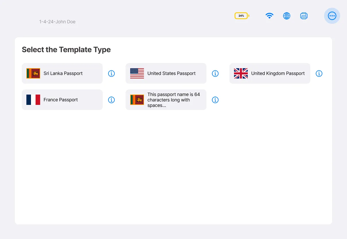 Template picker headed "Select the Template Type", with tiles pairing a country flag and a passport name.