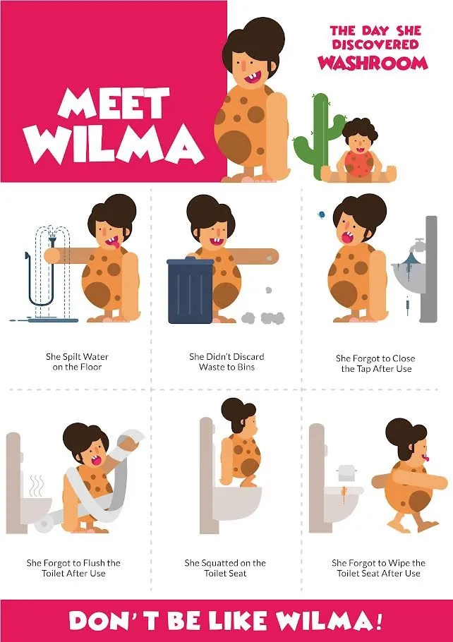 The companion awareness poster, Meet Wilma: a cartoon cavewoman in six panels on a pink ground, closing on Don't be like Wilma.